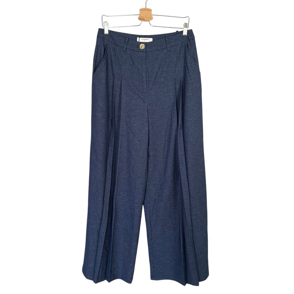 NEW Commense Navy Blue Pleated Wide Leg Trousers Pants Size L Mid-Rise Pockets